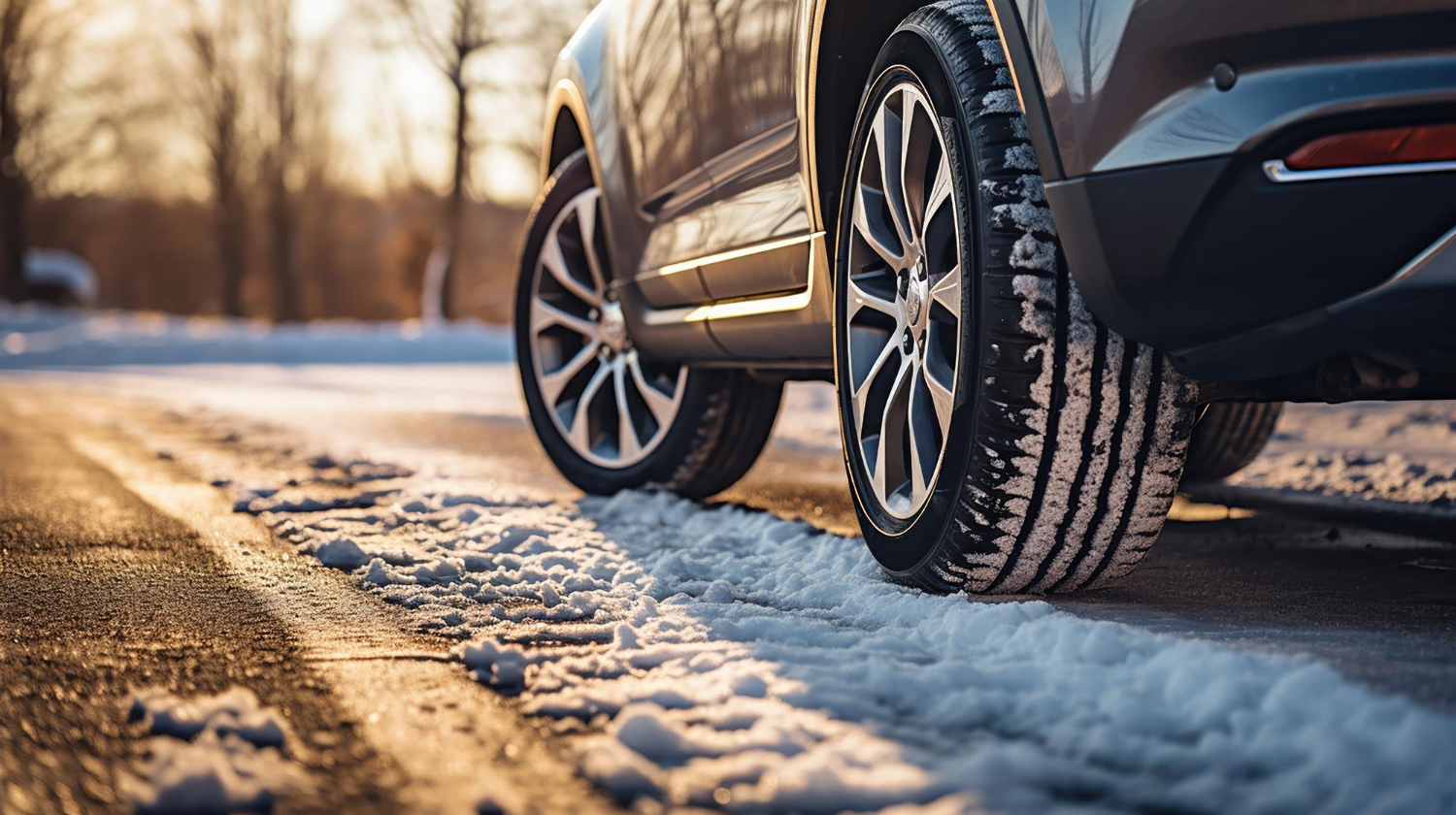 Tires covered in melting snow, parked under the bright, warming sun as the seasons transition from winter to spring, symbolizing the renewal and maintenance required for the upcoming warmer months.